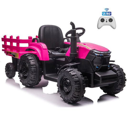 24V Kids Ride On Car Tractor with Remote Control, 400W Motor, 9 AH Battery Powered Ride On Toy Truck with Trailer, Suspension, 3 Speeds, USB/MP3 Music for Girl Boy Rose Pink