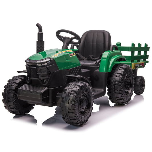 24V Kids Ride on Tractor with Trailer & Remote Control, 400W Strong Engine, 9 AH Battery Powered Ride On Toy, 3 Speeds, LED Lights, MP3/USB Music Green