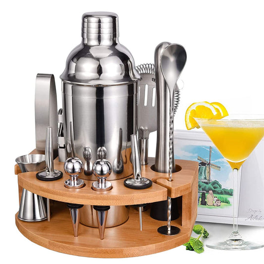 14pc Professional Bartender Cocktail Shaker Set Stainless Steel Bartender Kit Bar Tool Set with Lemon Squeezer and Bamboo Stand All Bar Accessories