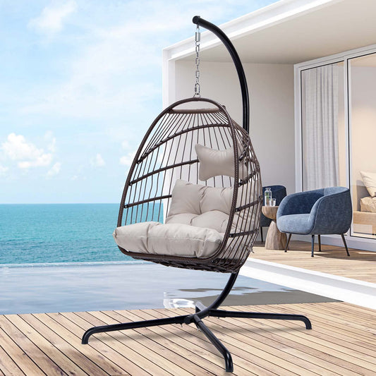 Anrli Patio Foldable Swing Chair Porch PE Wicker Egg Hanging Chair Hammock Chair with Stand and Cushion for Outdoor Balcony Indoor Bedroom,350lbs Capaticy Beige